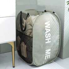 1pc Mesh Pop-Up Laundry Basket, Wide Opening, Breathable, Foldable, Space-Saving, Suitable For Dorm, Travel, Bathroom, Back To School Essential - Grey - View 2