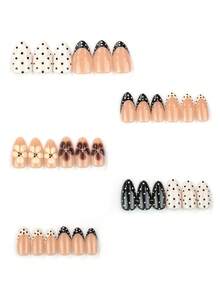 30pcs/Set Oval Black Polka Dot French Minimalist Cute Floral Press-On Short Nails Set, Suitable For Hot Girls, Office Women, Parties, Dates And Daily Wear - Multicolor - View 3
