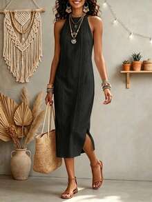 Elegaris Summer Solid Color Elegant Vintage Halter Neck Sleeveless Elegant Casual Lace Patchwork Design Dress - Black - View 4