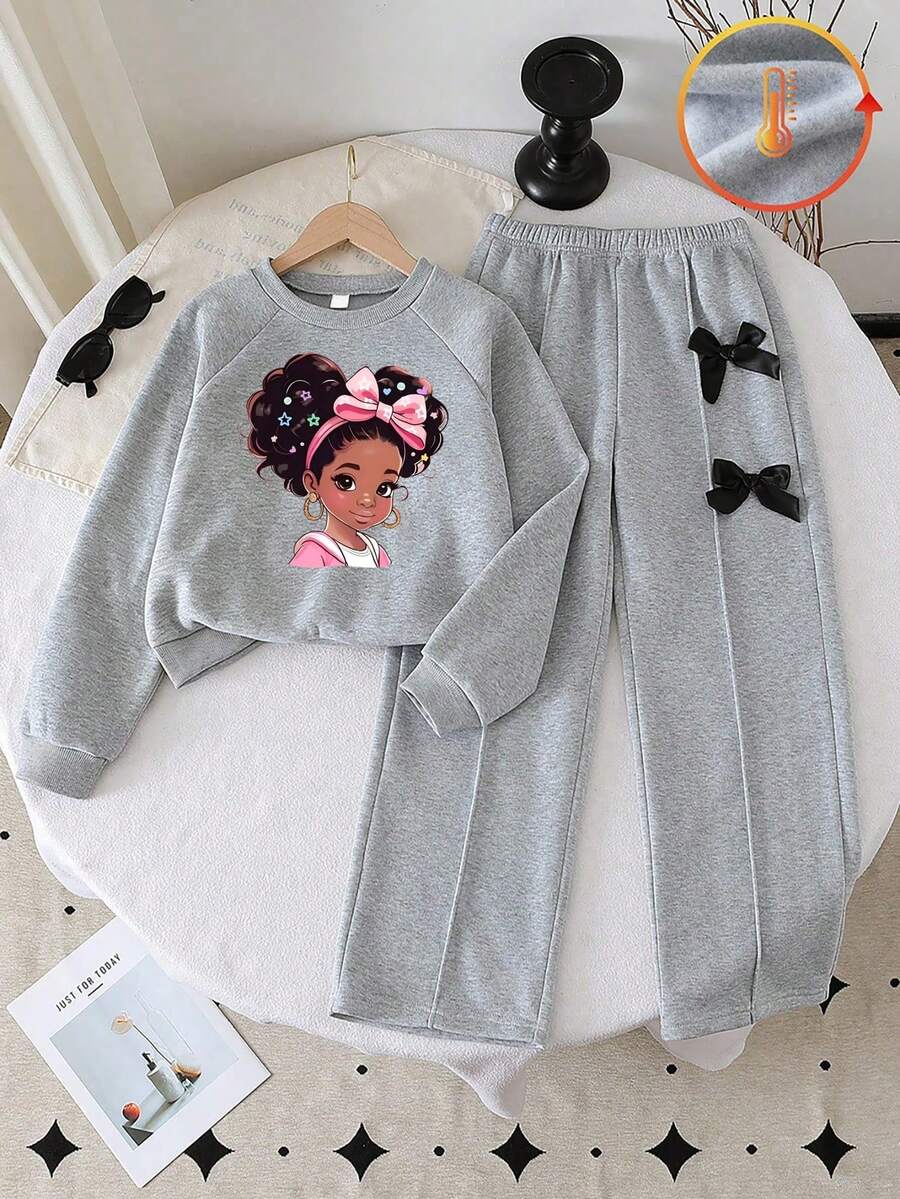 Girls' Cartoon Print Crew Neck Long Sleeve Top And Wide Leg Pants With Bow Decoration, Autumn/Winter - Grey - View 1