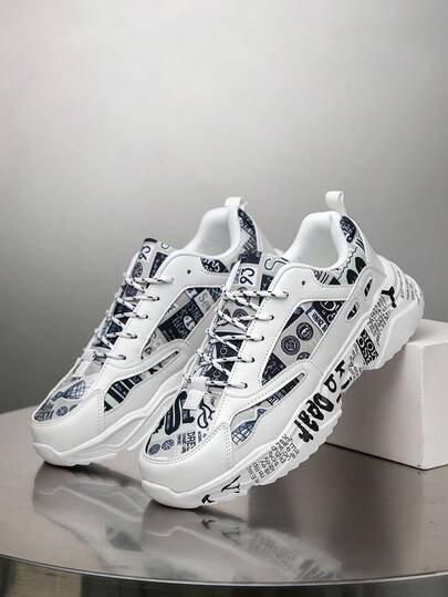 Sepatu Sneakers Chunky Pria Klasik Hitam & Putih Motif Grafiti Acak, Nyaman, Serbaguna, untuk Semua Musim, Sepatu Sneakers Olahraga Kasual Luar Ruangan untuk Pasangan