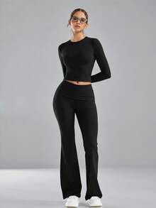 imisic Women's Slim Fit Long Sleeve 2 Pieces Loungewear Set, Folded Waist Flare Pants, Soft Elastic Tummy Control Shaping Sleepwear Set - Black - View 7