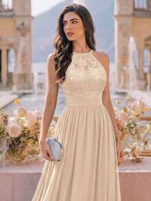 MIUSOL Sequin Floral Lace Halter Neck Sleeveless Ruched Chiffon Formal Party Long Dress, Formal Evening Gown, Suitable For Wedding Guest, Graduation Ceremony, Dinner - Champagne - View 10
