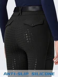 ROYALS MATTINI Ladies' Professional Equestrian Riding Pants, Solid Color, Full Seat Silicone Anti-Slip, Slim Fit Butt-Lifting, Dual Pockets, No Belt - Black - View 4