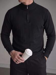 Plus Size Men's Half-Zip Stand Collar Knit Sweater, Minimalist Solid Color Long Sleeve Pullover, Casual Commute Loose Fit Base Layer Top - Black - View 2