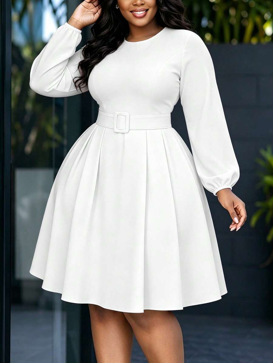 Women's Elegant Ruffle Hem Midi Dress With Belt, Round Neck, Pockets, Solid Color, Fabric Suitable For Elegant, Casual, Formal Occasions, Office, Autumn - White - View 1