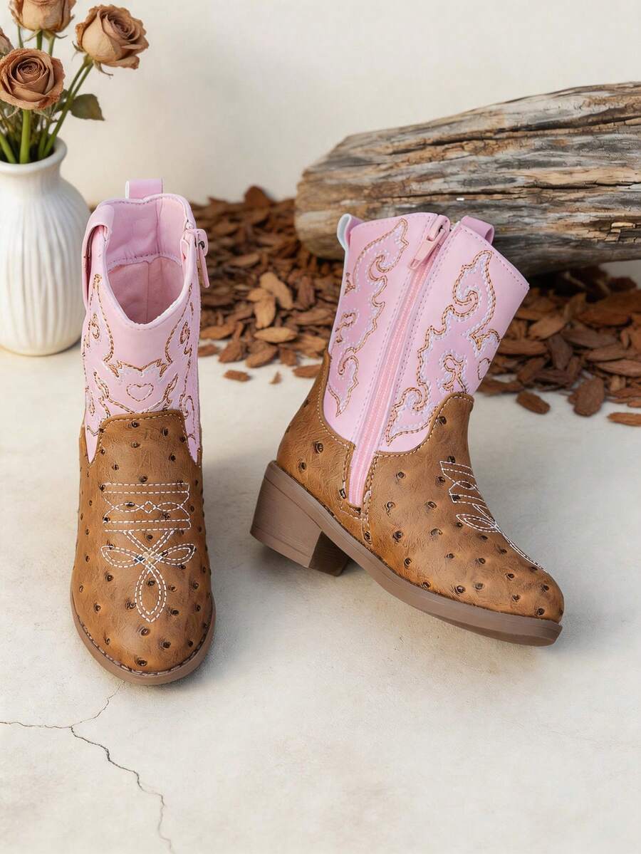 1 Pair Girls Brown Pink Two Tone Embroidery Western Cowboy Ankle Boots, Spring Autumn Kids Footwear - Pink - View 1