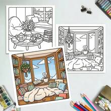 1pc Warm Spring Nordic Style Adult Coloring Book, Cute Pastoral Theme, Spring Theme, Vibrant Colors, Easy To Color, Children's Cute Coloring Book, Perfect Birthday Gift, Stress Relief Gift, Perfect Gift For Halloween, Back To School And Other Holidays - Nordic Style/Spring Coloring Book - View 5