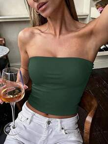 女款夏季性感辣妹休閒百搭 Y2K 風格抹胸上衣 - 軍綠色 - 查看 8