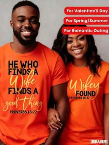 Couple Shirts Valentine's Day Gift For Husband And Wifewith  Inspirational Proverbs Print "He Who Finds A Wife" & "Ye Shall Find A Good Thing," - 橘色 - 查看 3