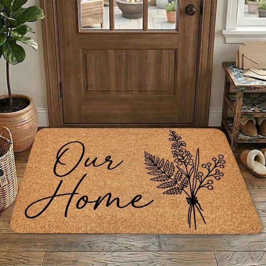 1 Peça Tapete de Entrada com Desenho de Linha Preta em Bottom Marrom, Buquê de Flores Secas "Our Home" Escrito à Mão em Inglês, Estilo Pastoral Minimalista, Material de Flanela, Tapete Retangular, Impressão de Alta Definição com Borda Travada, Antiderrapante e Absorvente, Adequado para Entrada, Cozinha, Sala de Jantar, Banheiro, Corredor, Varanda, Quarto, Decoração Doméstica - Multicolorido - Visão 1