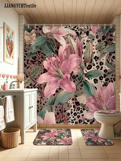 1/3/4pcs Flower Cheetah Print Shower Curtain Set For Bathroom,Farmhouse Bathroom Set,Cortinas De Baño,Bathroom Accesssories With 12 Hooks,Non-Slip Rug,Toilet Lid Cover & U-Shaped Mat.Waterproof Polyester,Fits Home/Bedroom/Kitchen/Living Room.