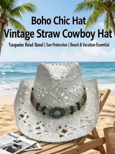1pc Women's Summer Zirconia Decorated Chain Hollow Breathable Sun Hat, 1pc Fashionable Personalized Hot-Selling Unisex Sun Protection Western Cowboy Hat, Suitable For Beach Vacation And Daily Sun Protection Wear