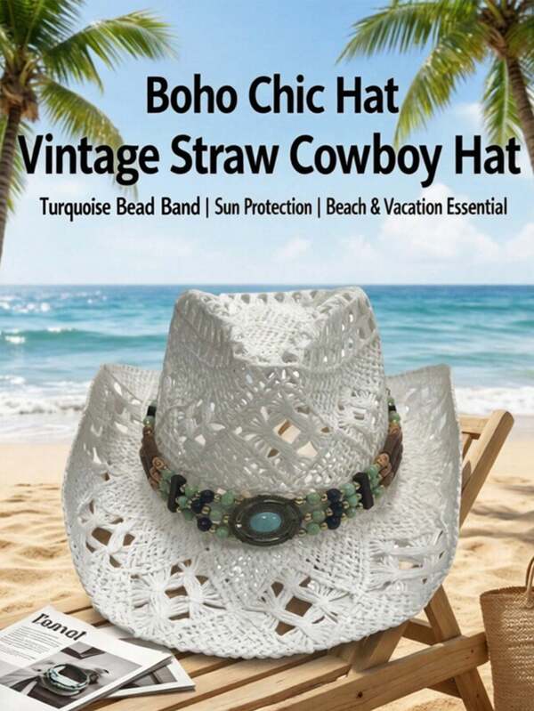 1pc Women's Summer Zirconia Decorated Chain Hollow Breathable Sun Hat, 1pc Fashionable Personalized Hot-Selling Unisex Sun Protection Western Cowboy Hat, Suitable For Beach Vacation And Daily Sun Protection Wear