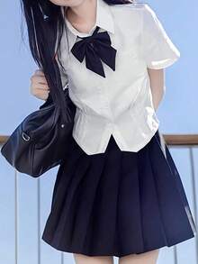1件女款經典校園JK套裝，短袖白色上衣搭配深藍色領結裙，大學風女式套裝，日系校服角色扮演風格，適合秋季 - 彩色 - 查看 4