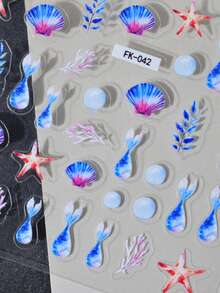 1pc Watercolor Gradient Mermaid Tail Shell Nail Stickers Ocean Plants Starfish Nail Decals Self-Adhesive Disposable Embossed Nail Art Decor Girly Style INS Suitable For Daily Wear And Dates - Multicolor - View 4