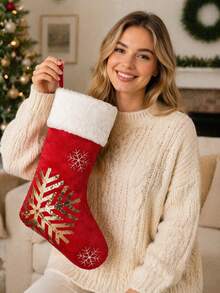 1pc Red Christmas Stocking With White Trim, 18-Inch Stocking, Large Plush Stocking With Reindeer And Snowflake Patterns, Christmas Tree Holiday Party Decoration, For Home Holiday Christmas Party Decorations (Red And Gold Glitter Reindeer) - Multicolor - View 2