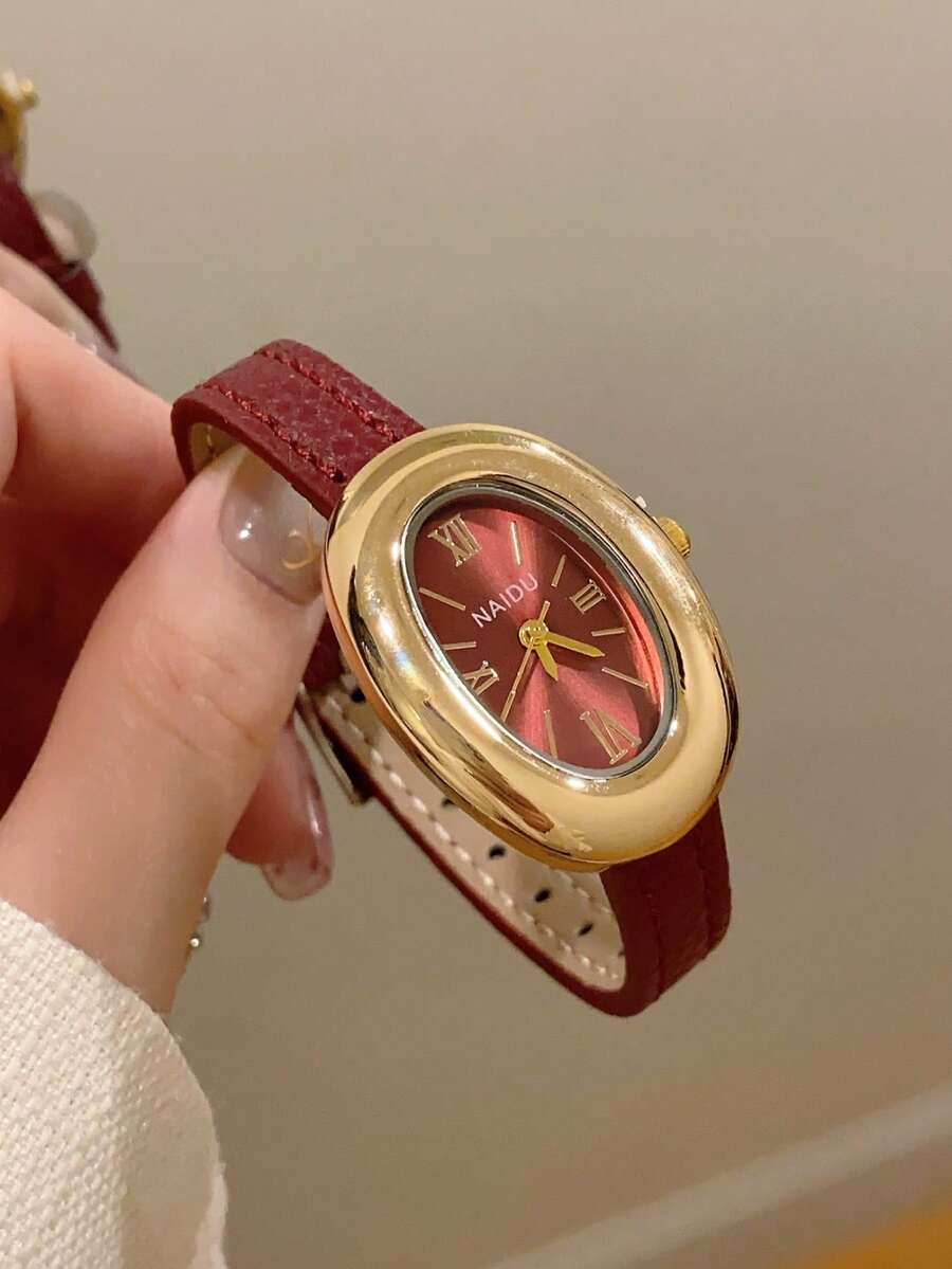 1件女士椭圆形罗马数字休闲优雅石英腕表，适合日常佩戴 - 紅色 - 查看 1