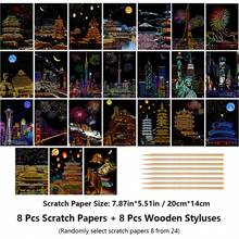 8Pcs Sparkling Metropolis Scratch Art Papers, Scratch Off And Make Your Own Unique Night City View - Black Magic Paper DIY Craft, Stress Relief, Perfect Gift For Birthdays, Thanksgiving & Christmas, Random Style - 8-piece Scratch Paper Art Kit - View 12