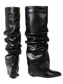 Winter Boots Women Slouched Ruched Fold Over Boots Covered Wedge Block Heel Knee High Punk Gothic Fashion Luxury Halloween Shark Shoes For Woman - 黑色 - 查看 4