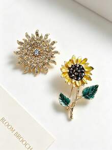 Full Rhinestone Radiating Sunflower Brooch + Oil-Drip Stem Sunflower Pair Pins, Warm Gold Vintage Suit Coat Collar Anti-Exposure Accessory - Multicolor - View 3