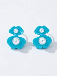 1 Pair Women's Stud Earrings, Fresh Delicate Small Lake Blue Petal Faux Pearl Earrings, Suitable For Daily Wear - Lake Blue - View 7