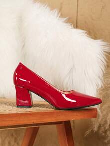 Women's Classic Pointed Toe Chunky Heel Slip-On Pumps, Breathable High Heels, Comfortable & Elegant Work/Commute Shoes - Burgundy - View 2