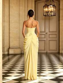 Bright Yellow Solid Color Elegant Sexy Chiffon High Slit Asymmetric Strapless Evening Dress Fall - Yellow - View 3