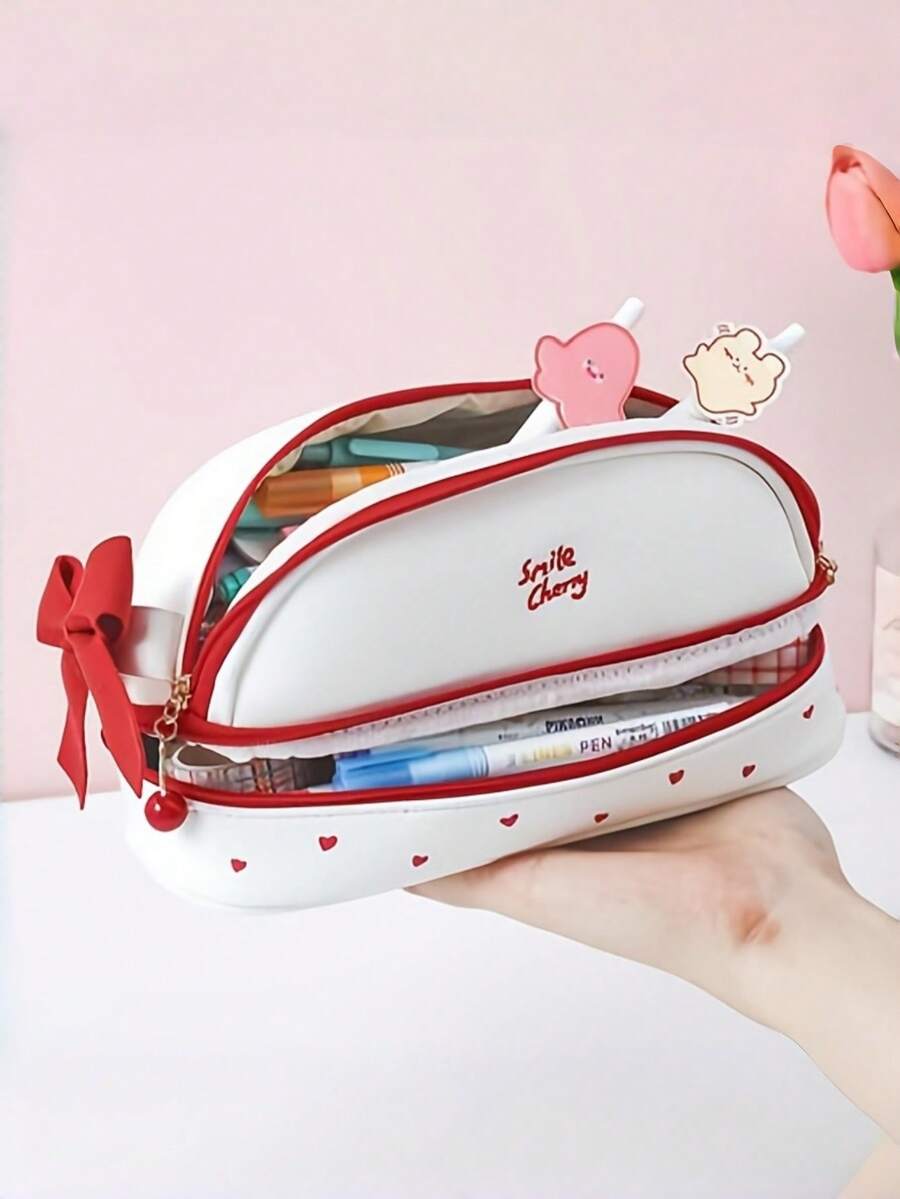 Double Layer Strawberry Pencil Case, Cute Girl Style Pencil Box, Minimalist Large Capacity Stationery Storage Bag, Suitable For B, First Day Of School - Multicolor - View 1