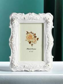 1pc White Embossed Rose Photo Frame, Resin Material Classic Pattern Decorative Frame, Horizontal And Vertical Dual-Use Photo Frame, Suitable For Bedroom, Study, Office Desk, Photo Decoration Frame, Halloween And Christmas Gift (Random Photo Paper Included) - Multicolor - View 4