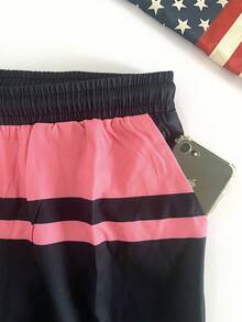 Men's Color-Block Swim Trunks (Red, White, And Navy Stripes; With Built-In Brief Liner) - Pink - View 10