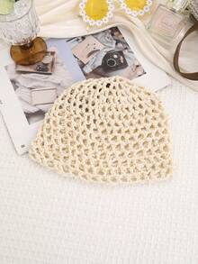 1pc Vintage Hollow Out Knitted Beanie, Pearl Pendant Headscarf, Vacation Style Mesh Cap, Boho Chic - Multicolor - View 8