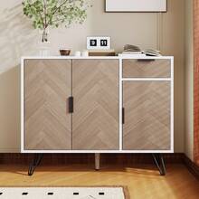 Modern Sideboard With Shelves, Adjustable Compartments - Black And Wood Effect - White and Brown - View 2