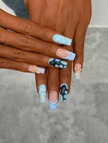10pcs/Set Y2K Nails Handmade, Pink Nails, Blue Nails, 3D Whale Nails & 3D Starfish Nails, Cute Nails, Perfect For Parties & Daily Wear. Short Square Nails. Handmade Press On Nails Square, Handmade Fake Nails, Acrylic Nails, Short Nails, Summer Nails - Multicolor - View 3