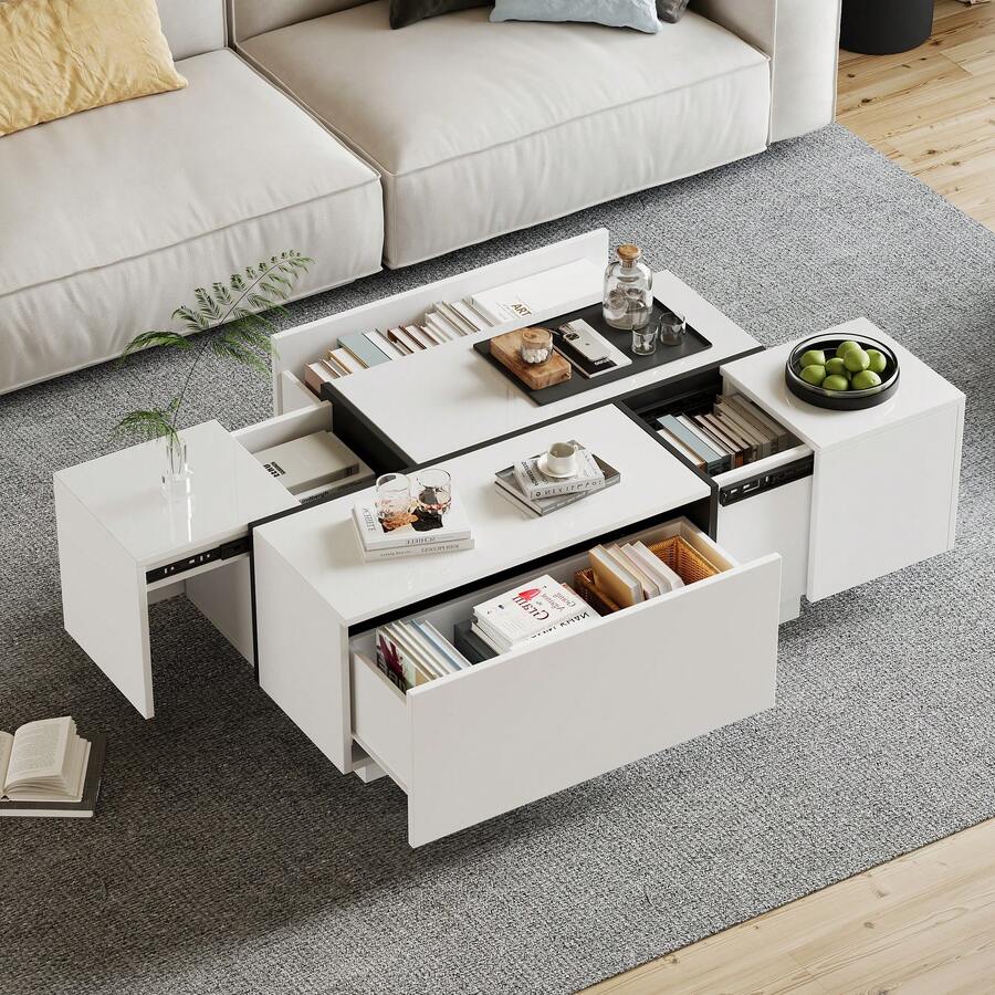 Modern White Square Coffee Table With Drawers - 100x60x40cm - White - View 1