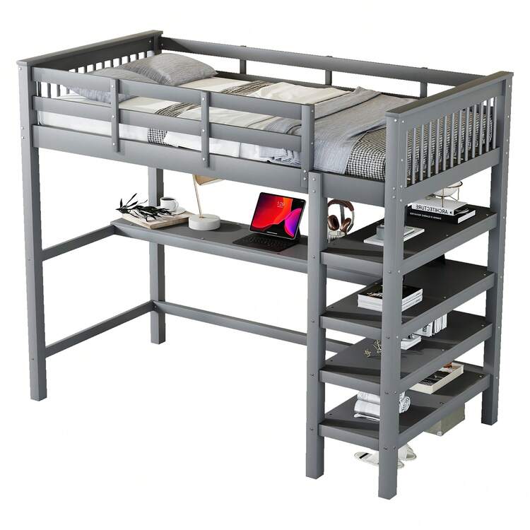 Bed Frame Kids 90x200 With Desk And Shelves, Grey - Grey - View 5