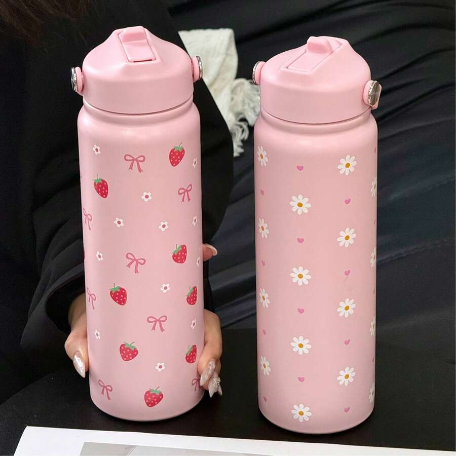 800ml Strawberry Bow Insulated Water Bottle - White Heart Design, Large Capacity For All-Day Hydration, Suitable For School Use, Lightweight And Leak-Proof, Perfect For Iced Coffee, Iced Lemon Tea And Study Drinks