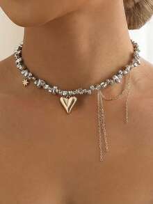 1 pieza Collar con colgante de corazón y borla para mujer, cadena minimalista de moda para la clavícula con cadena de metal asimétrica con cuentas, adecuado para uso diario y casual (accesorios de cuentas dispuestos aleatoriamente a lo largo de la cadena) - Dorado + Plateado - Ver 2
