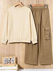 2pcs/Set Boys Outfit, Crew Neck Letter Print Sweatshirt Paired With Casual Cargo Pants, Cool & Comfortable Autumn/Winter New Boys Set - Apricot - View 6