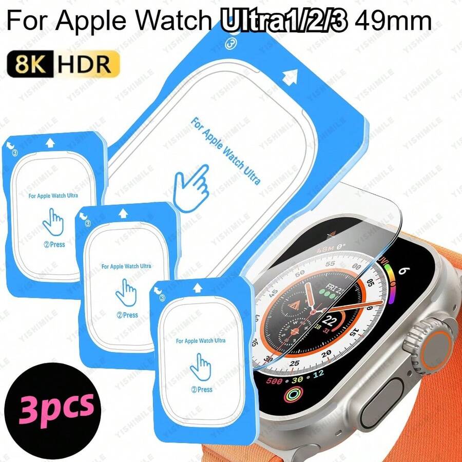3pcs Ultra HD Tempered Glass Smart Watch Screen Protector, Compatible With Apple Watch Ultra, Ultra2, Ultra3 49mm, With Positioning Installation Frame, Easy To Install, Effectively Protect Watch Screen, Fashion Watch Accessory, Newly Upgraded, Christmas/Halloween/Holiday Gift.