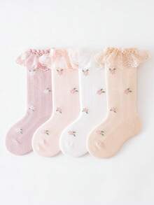 4雙女童春夏襪/小腿襪，可愛花卉圖案配蕾絲飾邊，經典簡約鬆弛時尚，透氣涼爽親膚柔軟舒適百搭網襪，適合夏季日常穿著/假期禮物/返校穿搭 - 彩色 - 查看 10