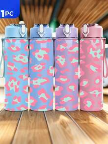 1pc/5pcs 750ml Soft Pink Leopard Print Sports Water Bottle, Flip Lid Design, Reusable Lightweight Leak-Proof Portable Travel Drinking Cup, Suitable For Daily Use And Outdoor Sports - Multi-color - Blue Leopard Print - View 2
