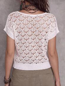 Women Casual Summer Beach Vacation Solid Color White Sloping Shoulder Hollow Out Knit Top - White - View 2