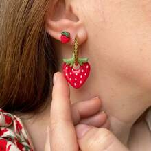 1 Pair Cute Strawberry Design Rhinestone Pendant Earrings, Minimalist Versatile Daily Wear Women's Style, Gift - Multicolor - View 4