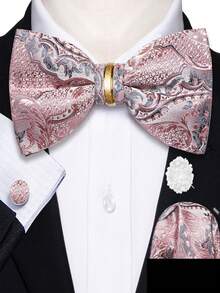 5Pcs Men Pink Tropical Plant Jacquard Bow Tie Pocket Square Detachable Cufflinks Ring Boutonniere Set, Cufflinks Random Pattern, Wedding Formal - Pink - View 1