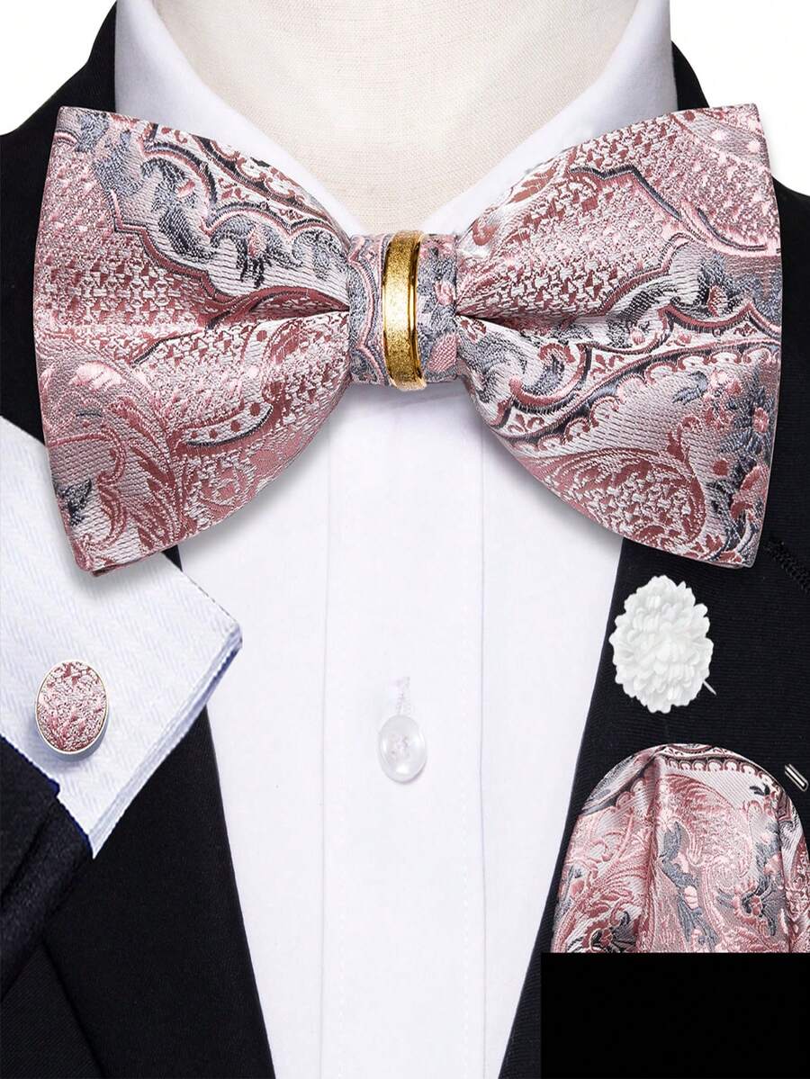 5Pcs Men Pink Tropical Plant Jacquard Bow Tie Pocket Square Detachable Cufflinks Ring Boutonniere Set, Cufflinks Random Pattern, Wedding Formal - Pink - View 1
