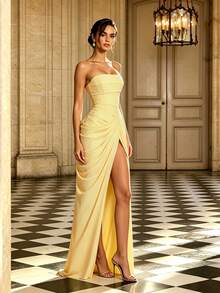 Bright Yellow Solid Color Elegant Sexy Chiffon High Slit Asymmetric Strapless Evening Dress Fall - Yellow - View 7