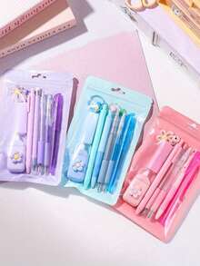2 Sets 8-In-1 Writing Tools Collection - Fresh Supplies Package Featuring A Highlighter, Charm, Eraser, 2 Clickable Pens, Back To School, First Day Of School - Multicolor - View 8