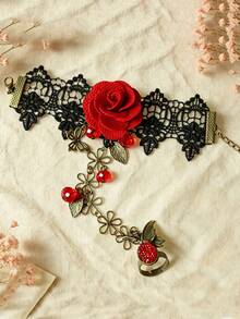 1pc Vintage Butterfly Black Lace Red Rose Bracelet With Ring Integrated Women's Hand Jewelry - Multicolor - View 2