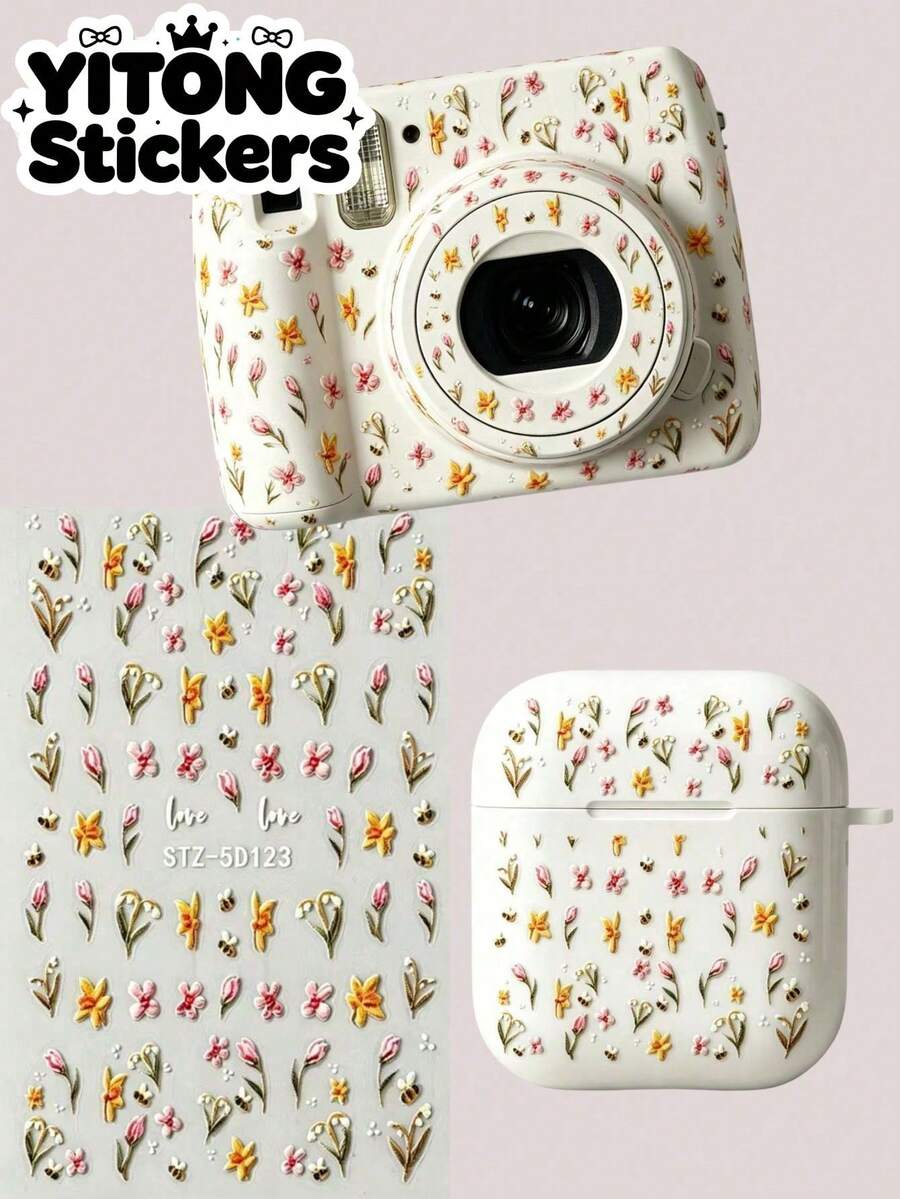 1pc 3D Embossed Spring Floral Decorative Sticker, Soft Pink & Yellow Tulip Bee Pattern, Waterproof Self-Adhesive Backing, Vintage Fresh Pastoral Style DIY Decorative Sticker For Camera/Earphone Case/Laptop School Supplies - Little Flower Bee - View 1